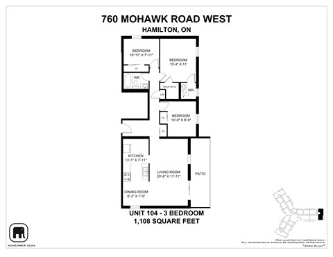 A floor plan for a 1,108 square feet unit at 760 Mohawk Road West, Hamilton, ON.